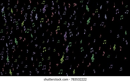 Notes, Bass and Treble Clefs on Black Background. Colorful Music Symbols on Dark. Vector
