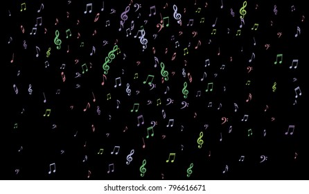 Notes, Bass and Treble Clefs on Black Background. Colorful Music Symbols on Dark. Vector