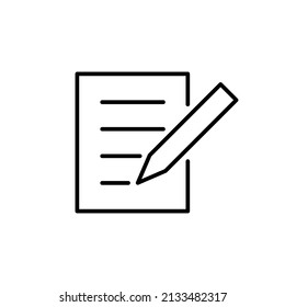 Notes black line icon. Checklist with pen. Medical report, list. Sheet with text. Contract. Editing. Flat isolated symbol for illustration, logo, app, banner, web design, dev, ui, gui. Vector EPS 10