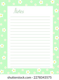 Notes blank lined page template with floral seasonal floral springtime decoration, simple vector illustration for bullet journal, green rectangular frame with flowers printable personal diary