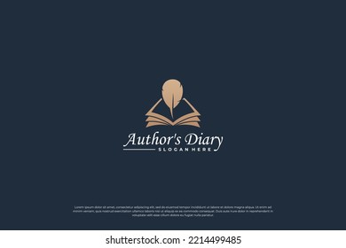 Notes book and quill pen logo design. Feather pen logo template.
