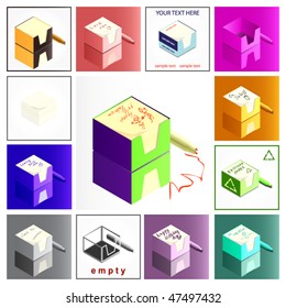 Notes boxes and marker pens on reflective surfaces - vector 3d view, with "hand drawn" illustrated messages. No transparency.