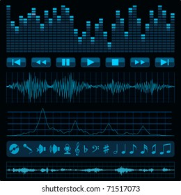 Notes, buttons and sound waves. Music background.