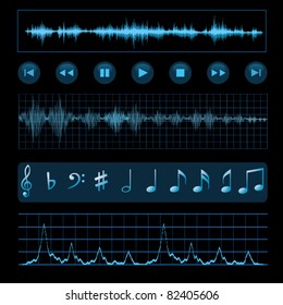 Notes, buttons and sound waves. Music background.