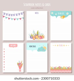 Notes and cards collection. Set of sheets from notebook, diary or notepad. Space for notes, to do list, planner and organizer, memo. Cartoon flat vector illustrations isolated on beige background