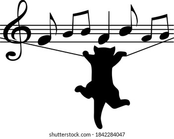 Notes and cat, music notes, treble clef silhouette, music style