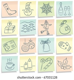 Notes with Christmas pictures. Vector illustration.