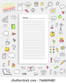 Notes and collection of icons representing different things including marks and food, gadgets and diagrams on vector illustration isolated on white