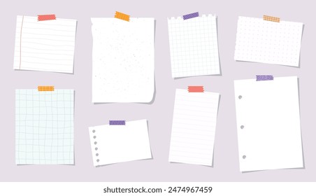 notes collection, set of empty note paper sheets with sticky tapes. Scrapbooking, print, template, planner design. EPS 10