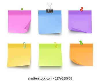 Notes colored. Sticky papers with pin clips memo bank business notes vector realistic template