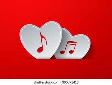 Notes Cut in White Paper Hearts on Red Background. Love Music Concept Design, Vector Illustration