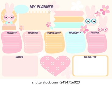 Notes Cute daily planer with kawaii bunny animals characters on white background, notes, to do, reminds weekly planner with rabbit and flower set icons for notes