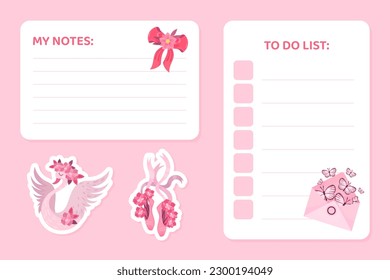 Notes and To Do List Card Design with Pink Envelope and Swan Vector Template