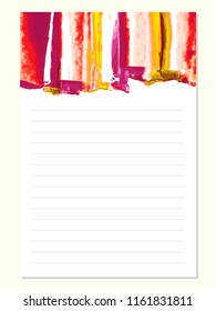 Notes, To Do list, daily planner, blank sheets lined paper, binder design vector notebook template concept,  isolated background. Watercolor, ink hand painted header with brush strokes, stains, splash
