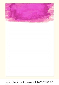 Notes, To Do list, daily planner, blank sheets lined paper, binder design vector notebook template concept,  isolated background. Watercolor, ink hand painted header with brush strokes, stains, splash