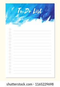 Notes, To Do list, daily planner, blank sheets lined paper, binder design vector notebook template concept,  isolated background. Watercolor, ink hand painted header with brush strokes, stains, splash
