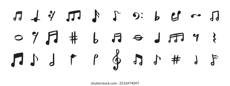 Notes doodle set hand drawn with a black pen. Sketch music drawing note . Vector illustration