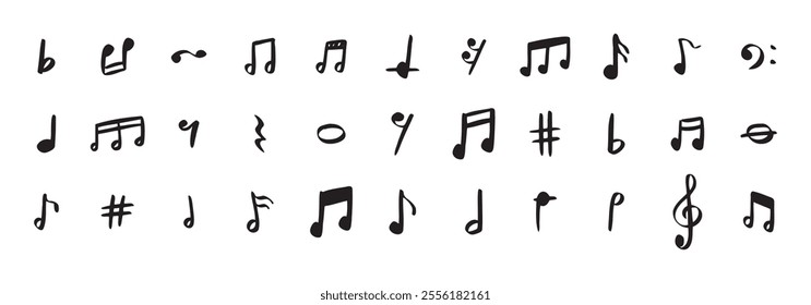 Notes doodle set hand drawn with a black pen. Sketch music drawing note . Vector illustration