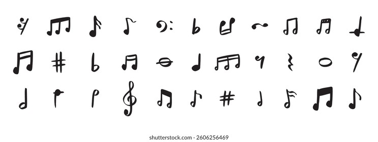 Notes doodle set hand drawn with a black pen. Sketch music drawing note . Vector illustration