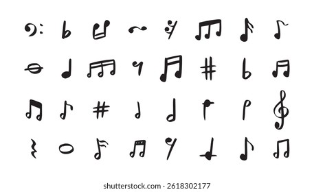 Notas rabiscar definido mão desenhada com uma caneta preta. Esboçar nota de desenho de música . Ilustração vetorial