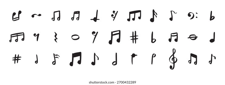 Notes doodle set hand drawn with a black pen. Sketch music drawing note . Vector illustration