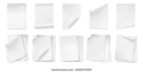 Notes and empty notebook pages set with curved edges. Vector realistic collection of documents, sheets of paper or clean blanks with bent corners. Flipping and tuning book or scroll
