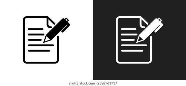 Notes flat icon. Simple flat icon of paper and pen. Notebook with some text. Paper and stationery icon vector illustration in black and white background.