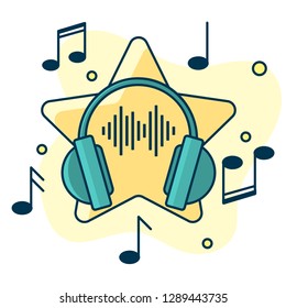 Notes flow from headphones. Concept of music playing