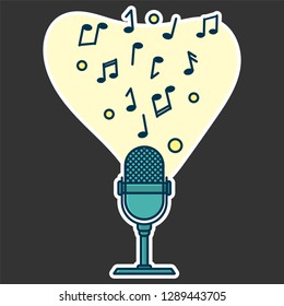 Notes flow from microphone. Concept of music playing