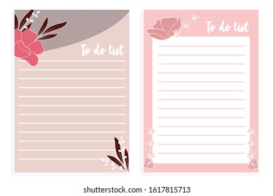 notes with flower ornament. to do list. stationary with flower.