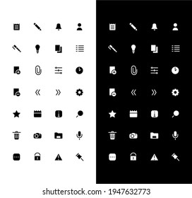 Notes glyph icons set for night and day mode. Add image file. Personal diary. Mobile UI interface. Phone menu element. Silhouette symbols for light, dark theme. Vector isolated illustration bundle