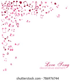 Notes and hearts. Corner vignette. Love Music decoration element isolated on the white background.