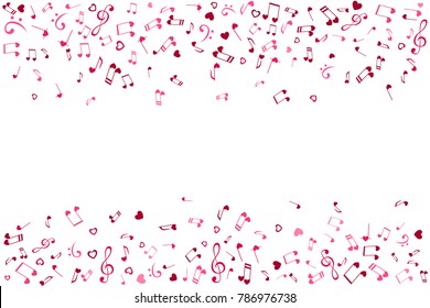 Notes and hearts horizontal borders. Love Music decoration element isolated on the white background.