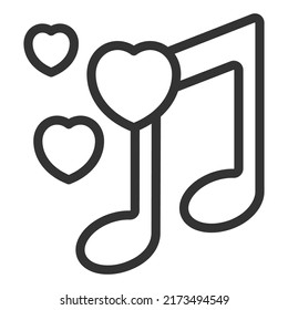 Notas y corazones, música de amor - signo vectorial, icono web, ilustración de fondo blanco, estilo de contorno