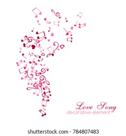 Notes and hearts. Love Music vertical decoration element isolated on the white background.