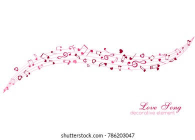 Notes and hearts on the horizontal lines. Love Music decoration element isolated on the white background.