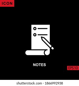 Notes icon glyph, flat or filled white on black background. Illustration for graphic, print media interfaces and web design.