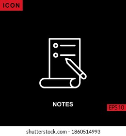 Notes icon outline, line, lineal or linear on black background. Illustration for graphic, print media interfaces and web design.