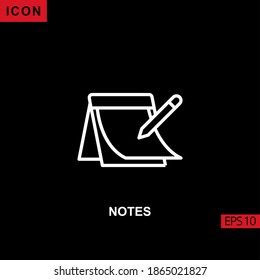 Notes icon with paper and pen with vector on black background. Illustration line, linear, outline and lineal icon for graphic, print media interfaces and web design.