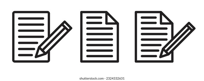 Notes icon set. Write web symbol with paper and pen. Contract document vector icon set. Job application or form thin line symbol. Office note icons. Notebook sheet sign.