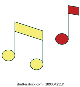 Notizen, Symbol, Vektorgrafik, Melodie, Lied, Musik, Ton, Audiozeichen einzeln auf dunklem Hintergrund. Ausgefülltes Flachbild-Zeichen für mobiles Konzept und Webdesign. Musik notiert buntes Symbol. Farbgestaltung Gelb und Rot