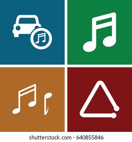 Notes icons set. set of 4 notes filled icons such as triangle musical instrument, car music