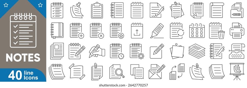 Notes icons set. Collection of 40 minimal line icons including notepad, document, checklist, sticky note, book, folder, paperclip, search and more. Editable stroke vector illustration