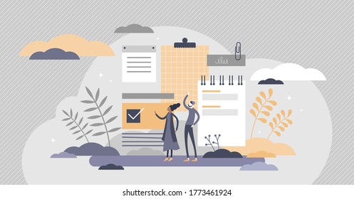 Notes as information reminder and time planning tool flat tiny persons concept. Paper memo sketch page with scheduled to do list as basic stationery bookmark method. Text notice vector illustration.