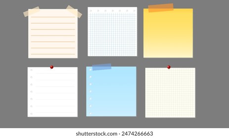Notes and Labels Collection with pin and post it, on gray background, Notepaper meeting reminder, Flat Modern design , illustration Vector EPS 10