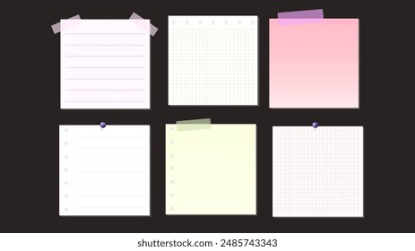 Notes and Labels Collection with pin and post it, on black background, Notepaper meeting reminder, Flat Modern design , illustration Vector EPS 10