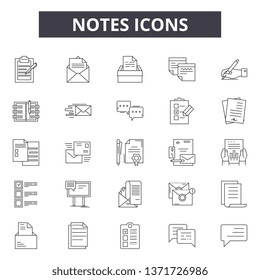 Notes line icons, signs set, vector. Notes outline concept, illustration: note,graphic,isolated,object,element
