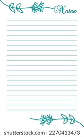 Notes list template. Daily planner page. Lined paper sheet. lines and leaves in green. Stationery for education, office and planning a routine. Realistic vector illustration