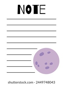 Notes list template. Organizer and Schedule with place for Notes. Good for Kids.