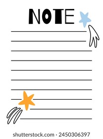 Plantilla de lista de notas. Organizador y Horario con lugar para Notas. Bien por los niños. Ilustración vectorial en diseño de espacios para planificador.